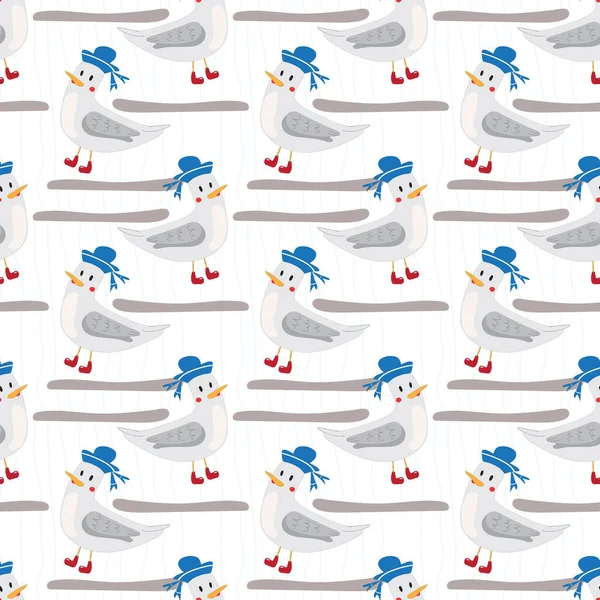 Бесшовный Рисунок Милые Кавайи Каракули Чайка Голубой Шляпе Моряка Изолированы — стоковое фото