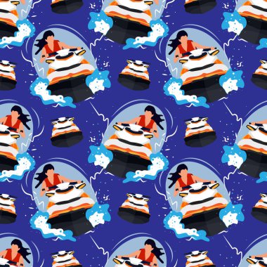 Su motosikleti süren kusursuz bir kadın modeli. Stok çizimi mavi arkaplanda izole edildi. Dünyayı dolaşmak için. Kumaş, tekstil ve diğerleri için düz tasarım.