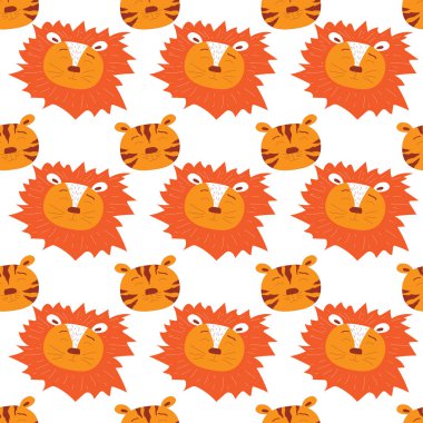 Şirin kawaii, kaplan desenli aslan karalaması. Bebek baskısı, tekstil ve kumaş için kusursuz bir altyapı. Komik vahşi hayvan yüzü tasarımı, beyaz arka planda izole edilmiş kafa, stok çizimi.