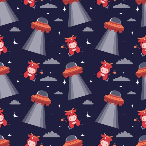 Seamless pattern of funny cute cartoon illustration of UFO with cute abduction red cow isolated on dark blue background. Design for t-shirt, greeting cards, parties, posters, cover and ets.