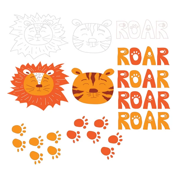 Uppsättning Färgglada Tecknade Huvud Djur Lejon Och Tiger Bokstäver Roar — Stockfoto