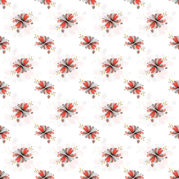 Nahtloses Muster Mit Roten Blüten Und Schwarzen Umrissen Handgezeichnete Aquarell — Stockfoto