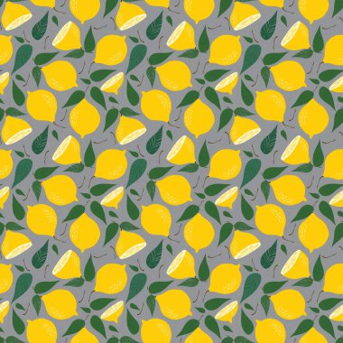 Gri arka planda izole edilmiş kusursuz taze limon turunçgil desenleri. Limonlu ve yapraklı el çizimi çizimi. Renkli duvar kağıdı koleksiyonu. Dekoratif illüstrasyon, yazdırmak için uygun