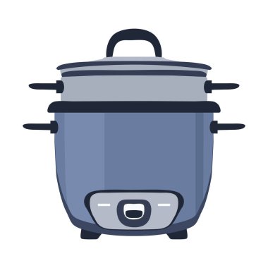 Mavi renkli buharlı yiyecek buharı. Beyaz arka planda izole edilmiş düz bir ikon. Ev aletleri. Sağlıklı yiyecekler için mutfak malzemesi. Vektör stok illüstrasyonu.