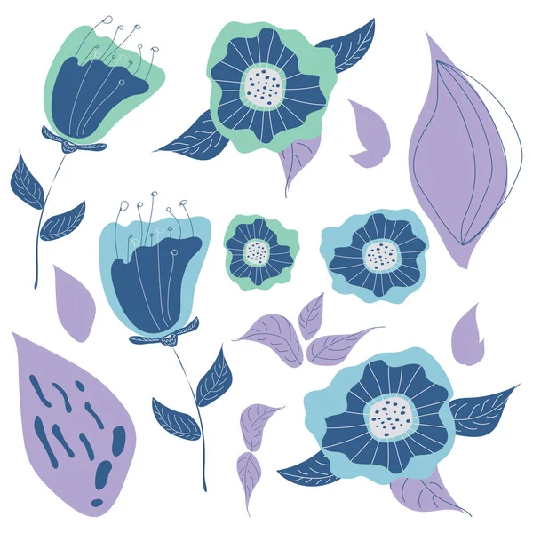 Diseño Gráfico Floral Conjunto Vectorial Elementos Florales Con Flores Dibujadas — Archivo Imágenes Vectoriales