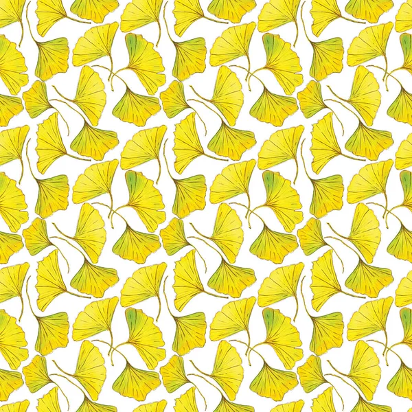 Seamless Pattern Yellow Ginkgo Leaves Isolated White Background Hand Painted — Stock Photo, Image