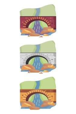 Koyu kırmızı, gri ve kahverengi taş köprünün çizgi film ikonu seti. Nehrin karşısına yürüme yolu. Şehir parkı için peyzaj elementi. Düz stok vektör tasarımı web tasarımı ve diğerleri için beyaz arkaplan üzerinde izole.