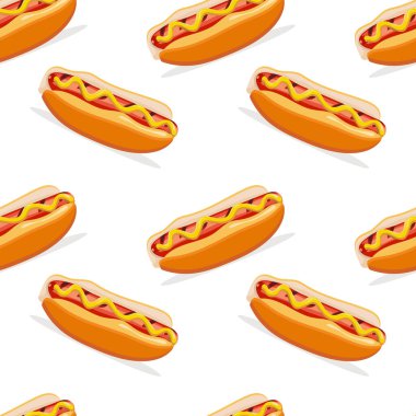 Sosisli, domatesli ketçaplı ve beyaz arka planda izole edilmiş hardal soslu kusursuz sosisli. Paket kağıdı, tekstil, kumaş vs. için tasarım.