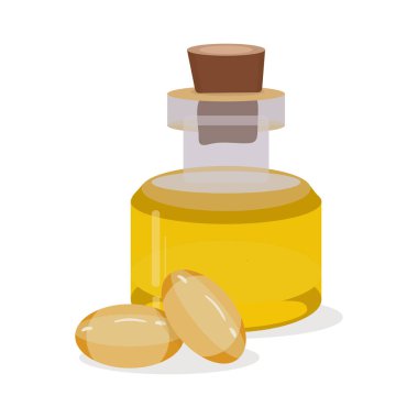 Cam şişede kapsüllü balık yağı şurubu. Sağlıklı deniz ürünleri, şişedeki balık yağı ve yumuşak jel hapları. Beyaz arka planda karikatür düz vektör hisse çizimi izole edildi. Ağ ve diğerleri için tasarım.