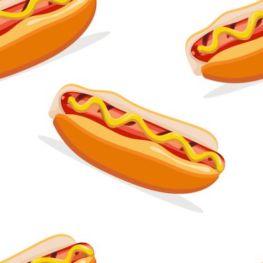 Sosisli, domatesli ketçaplı ve beyaz arka planda izole edilmiş hardal soslu kusursuz sosisli. Paket kağıdı, tekstil, kumaş vs. için tasarım.