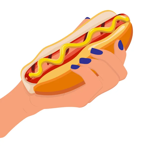 Απόθεμα Διανυσματική Απεικόνιση Του Hot Dog Στο Χέρι Γυναίκα Απομονώνονται — Διανυσματικό Αρχείο