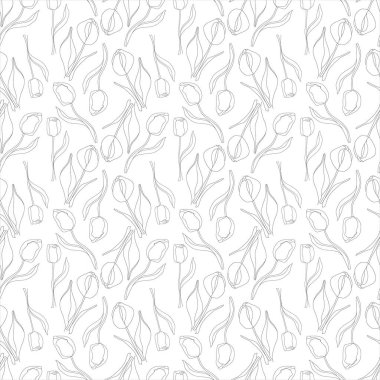 Beyaz arka planda izole edilmiş siyah ana hatlı lale dalları. Klasik hisse illüstrasyonu.