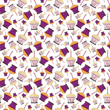 Kek pürüzsüz desen. Beyaz arka planda izole edilmiş el çizimi şirin kekler. Parti için tasarım, doğum günü, tebrik kartları, hediye paketi, kırtasiye malzemeleri, hediyeler, ambalaj kağıdı, basılı malzemeler.