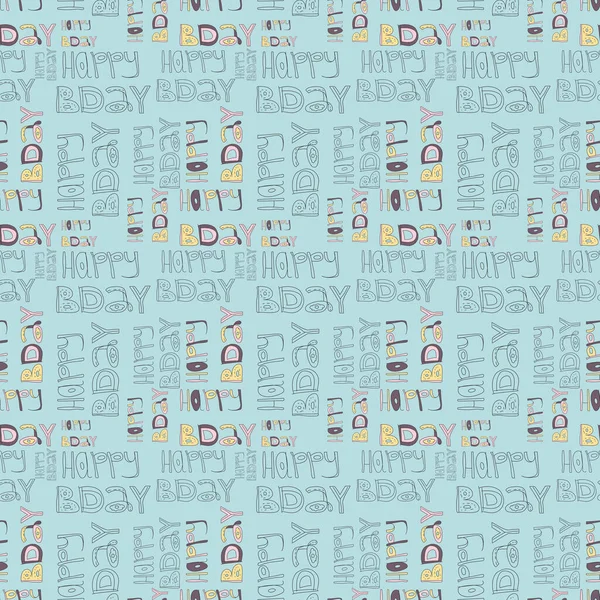 Seamless Pattern Doodle Cartoon Lettering Happy Birthday Isolated Light Blue — Stock Photo, Image