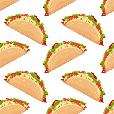 Etli ve sebzeli, kusursuz çizgi film tacoları. Geleneksel Meksika fast-food tortilla ile, marul, peynir, domates, zorla et, beyaz arka planda izole edilmiş sos. 