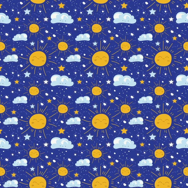 Seamless pattern with suns, clouds and stars . Cute doodle illustration isolated on blue background. Scandinavian style. Design for print, textile, fabric.