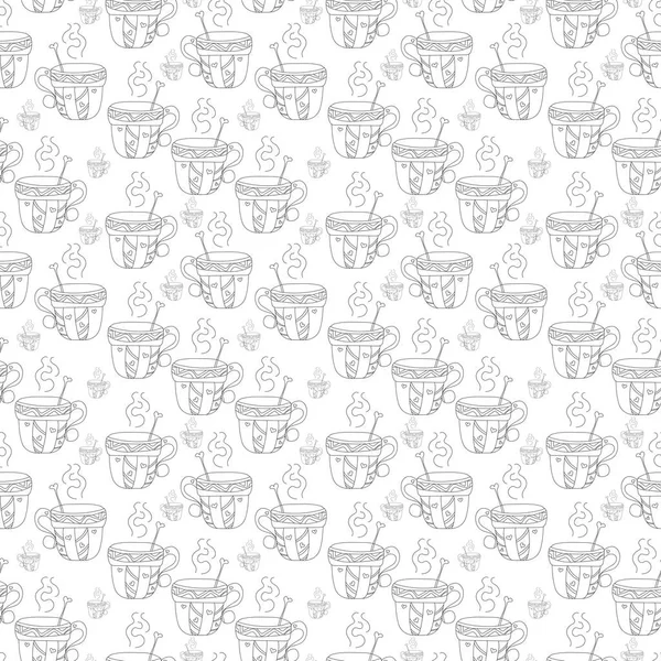 Seamless pattern doodle cartoon cup. Ink style. Black and white illustration isolated on white background. It can be used as a print, on cards and bags, textile, fabric.