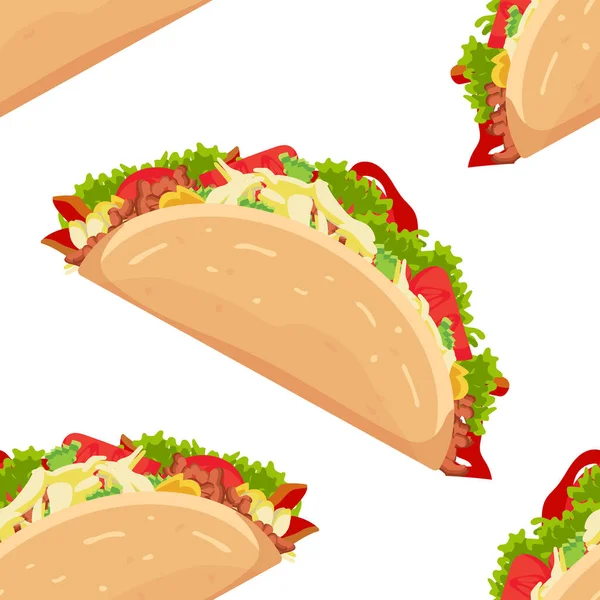 Απρόσκοπτη Μοτίβο Των Tacos Κινουμένων Σχεδίων Κρέας Και Λαχανικά Επίπεδη — Διανυσματικό Αρχείο