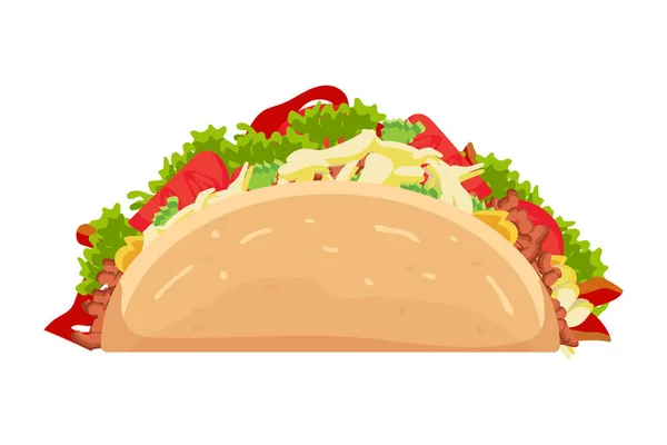 肉や野菜とタコス漫画のフラットアイコン 伝統的なメキシコのファーストフード タコメキシコ料理トルティーヤと レタスの葉 チーズ トマト 強制的に 白い背景に孤立ソース — ストックベクタ