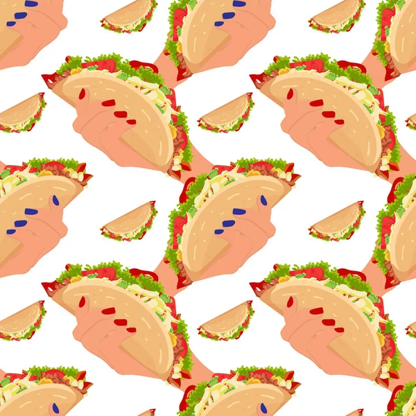 Płynny Wzór Kreskówkowych Tacos Mięsem Warzywami Ręku Kobiety Tradycyjne Meksykańskie — Zdjęcie stockowe