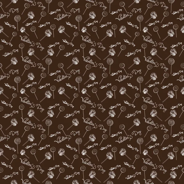 발렌타인데 초콜릿으로 장식된 귀엽고 맛있는 초콜릿을 곁들인 패턴은 배경에 삽화로 — 스톡 사진
