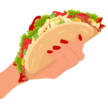 Kadının elinde et ve sebze olan Tacos çizgi film ikonu. Geleneksel Meksika fast-food tortilla ile, marul, peynir, domates, zorla et, beyaz arka planda izole edilmiş sos.