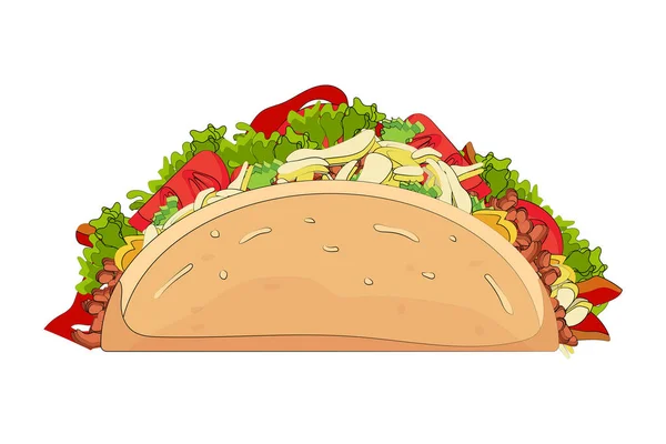 Sebzeli Tacos Çizgi Film Ikonu Geleneksel Meksika Fast Food Tortilla — Stok Vektör