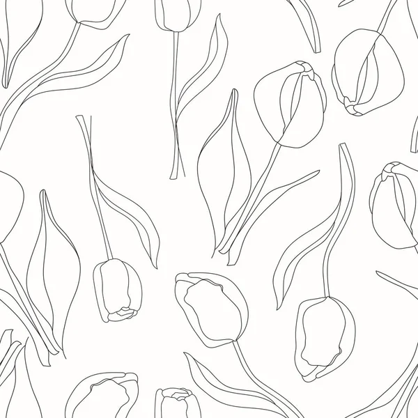 シームレスなパターン 白の背景に隔離された黒いアウトラインチューリップの枝の手描きのセット ストックベクトルイラスト — ストックベクタ