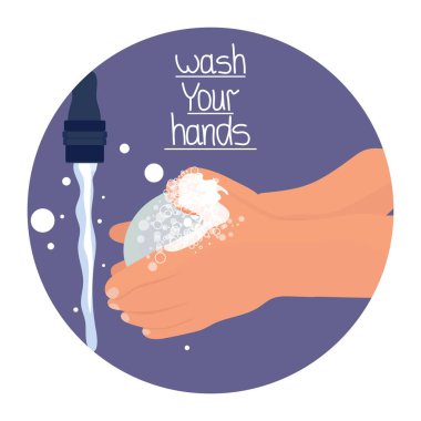 Menekşe arka planda izole edilmiş sabun karikatür vektör stok illüstrasyonuyla el yıkama. Virüs ve bakterileri önlemek için. Düz biçimde dizayn et.