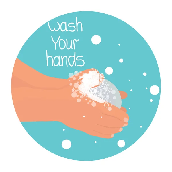 用蓝色背景中孤立的肥皂卡通人物图片洗手 防止病毒和细菌 平面风格的设计 — 图库矢量图片
