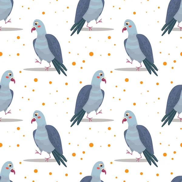 Seamless pattern with doodle cute cartoon doves isolated on white background. Colorful funny bird icon. Stock flat illustration.  Cute background for textile print, wrapping paper and ets.