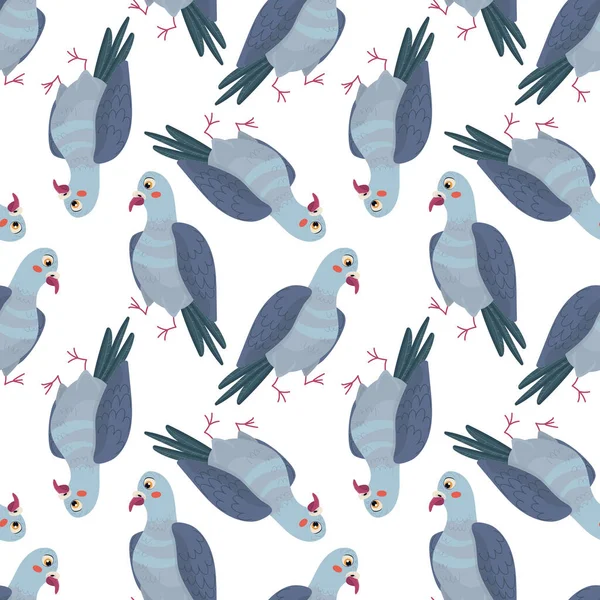 Seamless pattern with doodle cute cartoon doves isolated on white background. Colorful funny bird icon. Stock flat illustration.  Cute background for textile print, wrapping paper and ets.