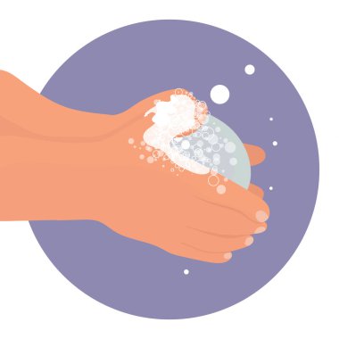 Beyaz arka planda izole edilmiş menekşe dairesindeki sabun karikatürü vektör çizimi ile el yıkama. Virüs ve bakterileri önlemek için. Düz biçimde dizayn et.