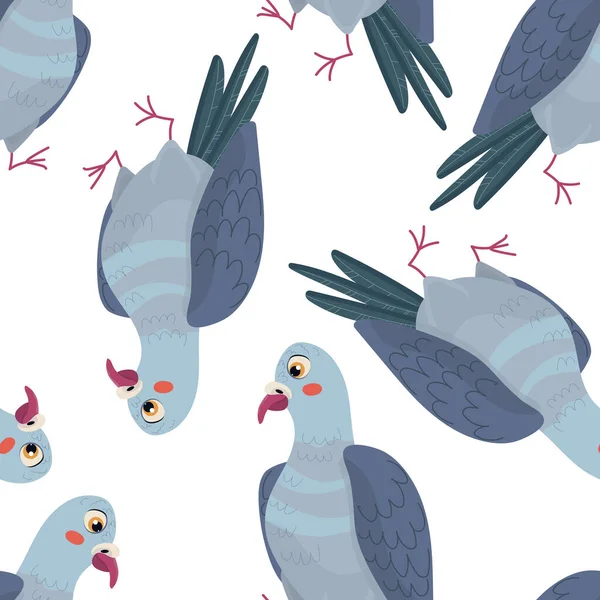 Seamless pattern with doodle cute cartoon doves isolated on white background. Colorful funny bird icon. Vector stock flat illustration.  Cute background for textile print, wrapping paper and ets.