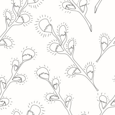 Düz siyah beyaz eli söğüt ağacı dalları olan kusursuz bir desen. Beyaz arka planda izole edilmiş vektör doğa illüstrasyonu. Paskalya illüstrasyonu.