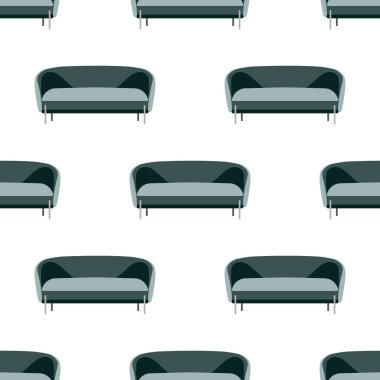 Mobilya odasının iç kısımlarının kusursuz deseni. Klasik ev aksesuarlarının çizgi film deseni - kanepeler, beyaz arka planda izole.