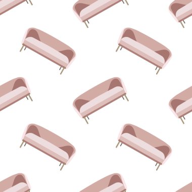 Mobilya odasının iç kısımlarının kusursuz deseni. Klasik ev aksesuarlarının çizgi film deseni - kanepeler, beyaz arka planda izole.