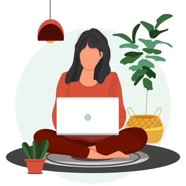 Mujer Sentada Con Laptop Ilustración Conceptual Para Freelance Trabajo Educación — Archivo Imágenes Vectoriales