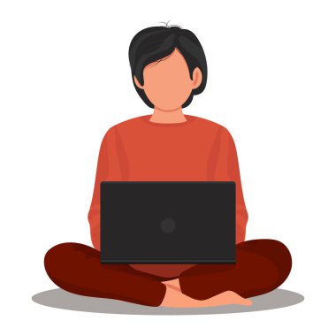 Dizüstü bilgisayarı olan kadın. Serbest çalışma, eğitim ya da öğrenim için illüstrasyon kavramı. Serbest çalışanların günlük hayatı, günlük rutin işler. Çizgi film düz vektör stok çizimi.