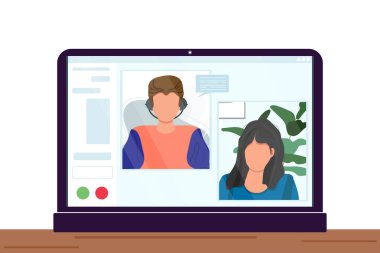 Video konferans illüstrasyonu. Kal ve evde çalış. Akış, internet sohbeti, online tanışma arkadaşları. Coronavirus, karantina izolasyonu. İş yeri, laptop ekranı, internetten konuşan bir grup insan.. 
