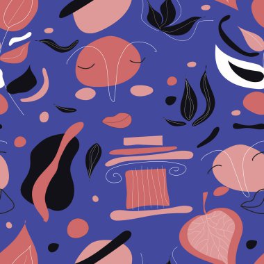 Mavi arka planda büyük renkli şekillere, yapraklara, yüzlere ve Yunan elementlerine sahip vektörsüz desen. Kumaş veya duvar kağıdı için sevimli moda tasarımı.