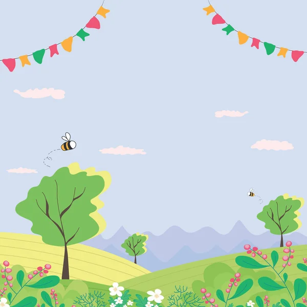 Wiosna Krajobraz Pszczołami Wierzchowcami Drzewami Kwiatami Polami Przyrodą Dekoracyjne Girlandy — Wektor stockowy