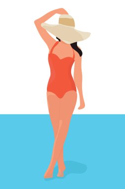 Kırmızı mayo ve beyaz arka planda şapka giyen çekici bir kadın. Mayo giymiş çizgi film kızı. Tatil, tatil ve seyahat konsepti. Düz borsa vektörü yaz saati illüstrasyonu