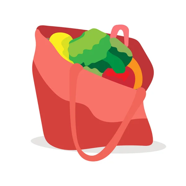 Sebzeli kırmızı çanta. Süpermarketten ya da marketten alışveriş yapmak. Sıfır Atık (Plastiğe hayır de). Çevrimiçi market siparişi konsepti. Düz biçimli vektör çizimi, beyaz arkaplanda izole edilmiş.