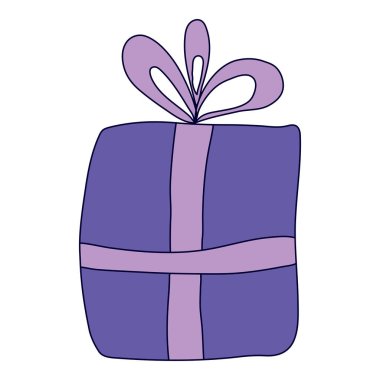 Beyaz arka planda izole edilmiş şirin karalama menekşesi hediye kutusu. Paket kağıdı, kart, kartpostal, poster ve metin alanı için vektör çizimi. Minimalist tatil geçmişi, davetiye, kapak.