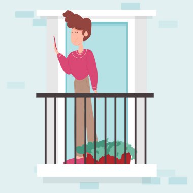 Mahalle, ev kavramına bağlı kal. Adam balkonda duruyor. Komşuları kendi evlerinde. Büyük şehirlerde hayat. Düz biçimdeki şirin vektör illüstrasyonu.