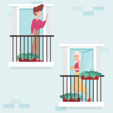 Mahalle, ev kavramına bağlı kal. Farklı tipte insanlar balkonlarda dururlar. Komşuları kendi evlerinde. Büyük şehirlerde hayat. Düz biçimdeki şirin vektör illüstrasyonu.