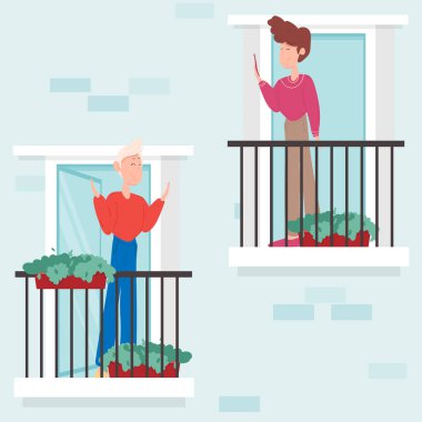 Mahalle, ev kavramına bağlı kal. Farklı tipte insanlar balkonlarda dururlar. Komşuları kendi evlerinde. Büyük şehirlerde hayat. Düz biçimdeki şirin vektör illüstrasyonu.