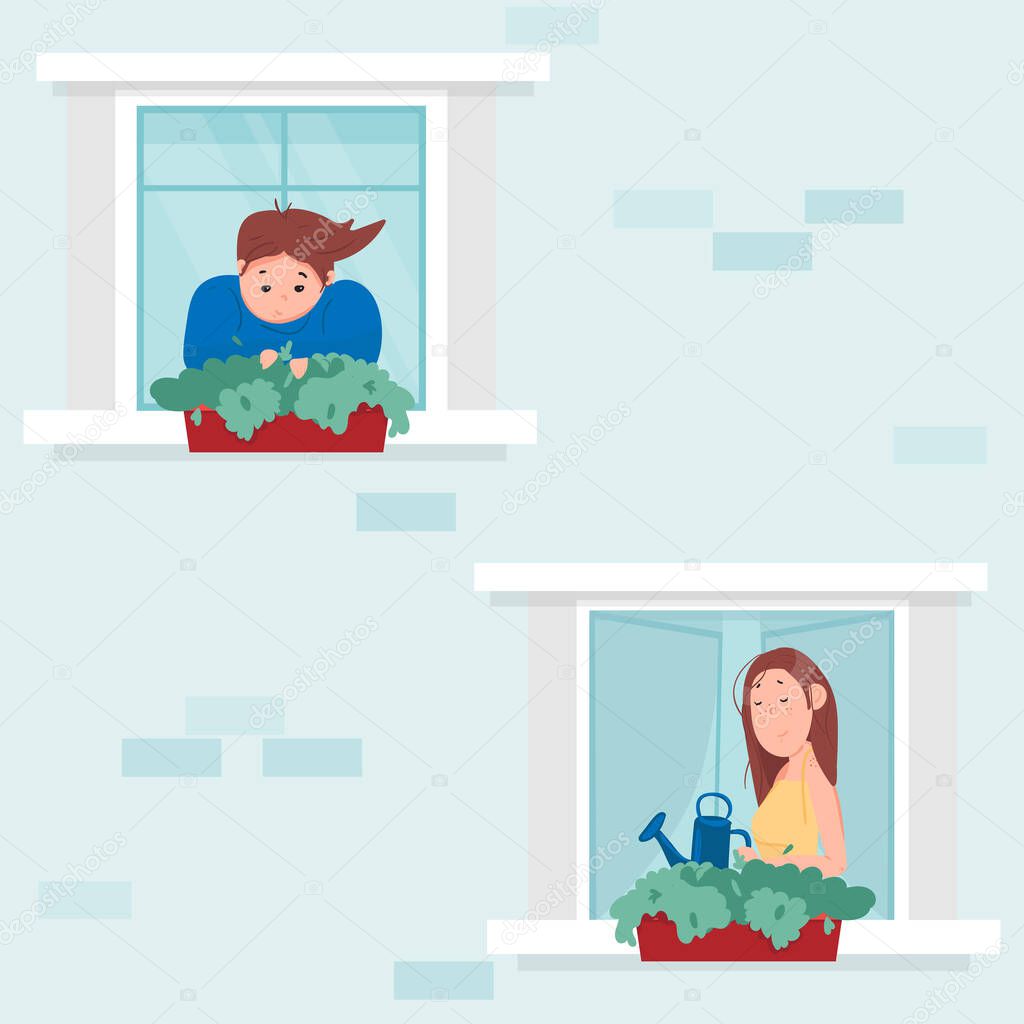Neighborhood, stay at home concept. Different types of people look out of windows. The neighbors in their own houses. Life in big cities. Cute vector illustration in flat style.