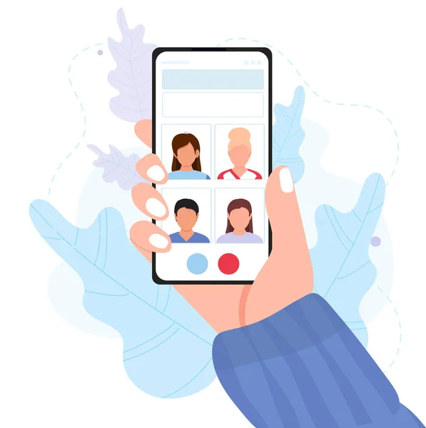Les Gens Parlent Ensemble Sur Application Vidéoconférence Appel Téléphonique Main — Image vectorielle